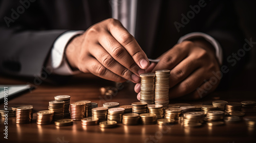 Businessman Stacking Coins on Wooden Table 