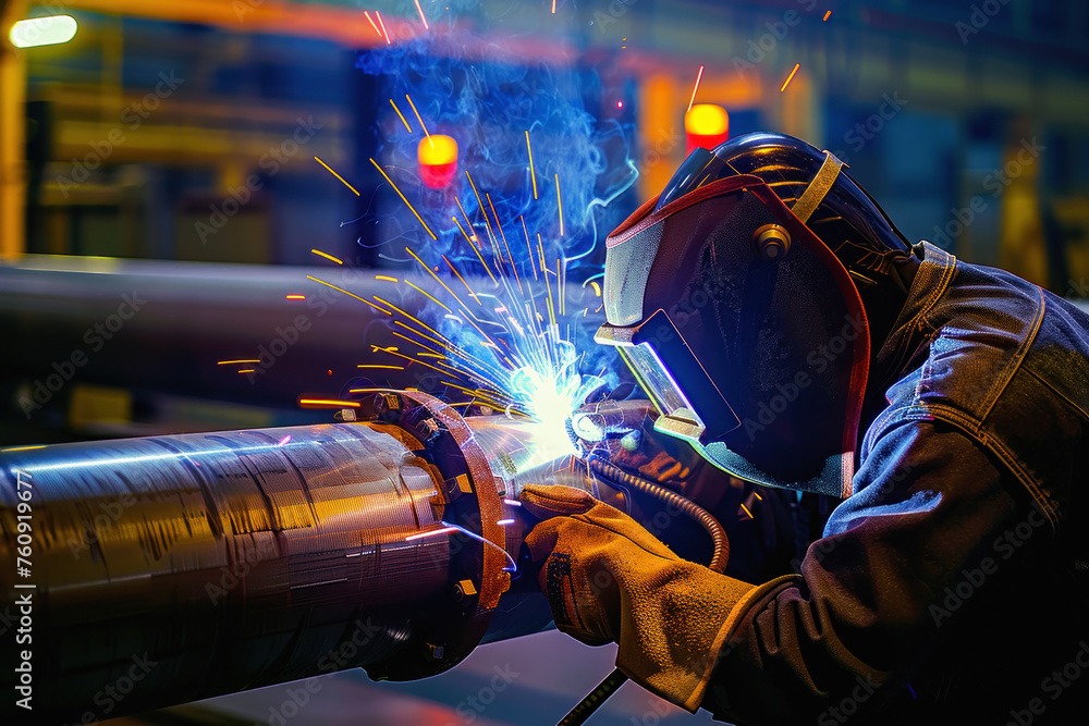 Skilled worker safely welding steel pipe in an advanced industrial factory, showcasing precision and expertise in engineering and manufacturing processes - obrazy, fototapety, plakaty 