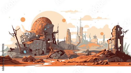 Cybernetic wasteland with ruins of advanced technol