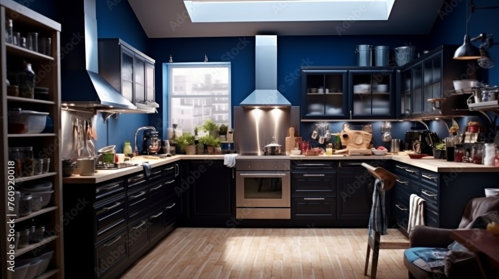 Modern Kitchen With Blue Walls and Wooden Floors