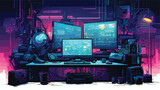 Cyberpunk hackers den with high-tech gadgets and vi