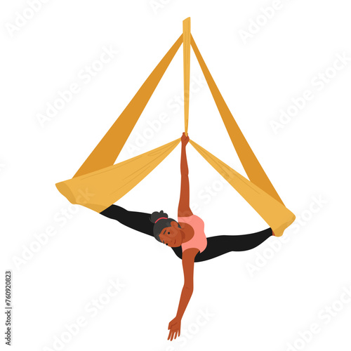 Graceful Woman Character Defies Gravity In Aerial Yoga, Swaying On A Hammock in a Split Pose Suspended In Mid-air
