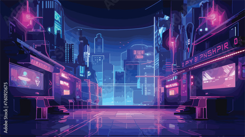 Cyberpunk nightclub with neon lights and pulsing mu