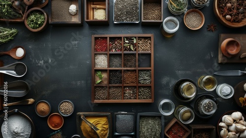 set of spices kitchen utensils on a black background