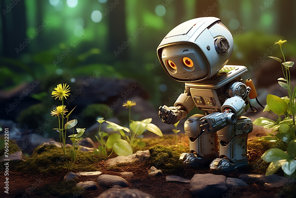 Robot planting seedlings in the pot. Selective focus. Robot planting seedlings in the pot. Selective focus.