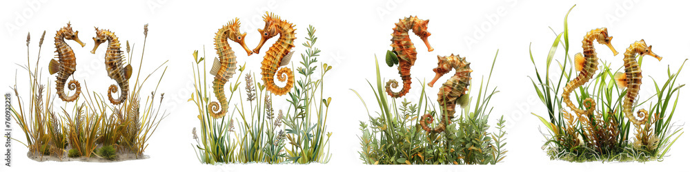 Seahorses floating among seagrasses  Hyperrealistic Highly Detailed Isolated On Transparent Background Png File