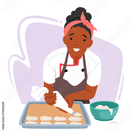 Female Confectioner Character Skillfully Pushes Dough from a Cone Onto A Tray, Shaping Meticulously Pastry Pieces
