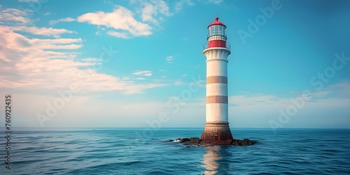 Strong offshore lighthouse stands tall guiding ships through treacherous waters with safety. Concept Lighthouse, Offshore, Ship navigation, Treacherous waters, Safety