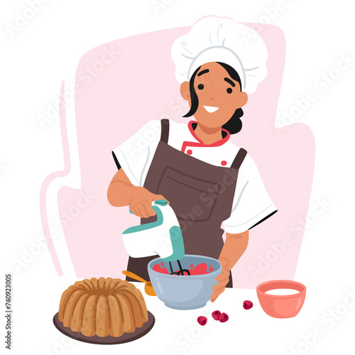 Skilled Female Confectioner Character Meticulously Blends Cream For A Cake, Her Blender Whirring Smoothly