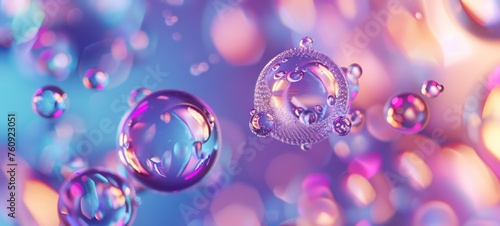 Fototapeta Naklejka Na Ścianę i Meble -  Multi-colored soap bubbles are in space, sunlights, effect of levitation, 3d rendering digital background