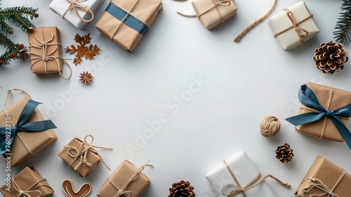 Festive Season Gifts and Decorations on White Background with Copyspace for Holiday Greetings photo