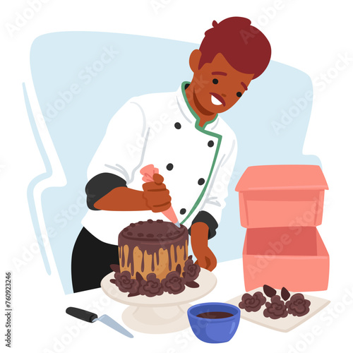 Skilled Male Confectioner Character Delicately Adorns A Cake With Luscious Chocolate Glaze, Showcasing Precision