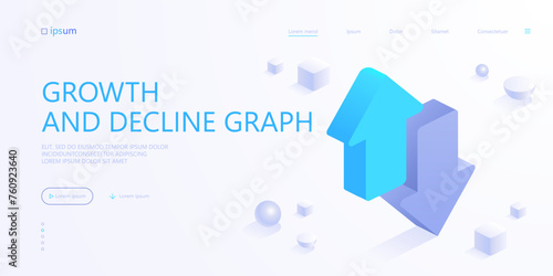 Arrows up and down icon in isometric view. Growth and decline graph chart. Data analysis, financial statistics. Vector illustration for visualization of business presentation, reports concept