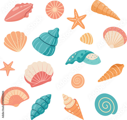 Sea shells set, mollusks, starfish. Trendy flat illustration of seashells collection isolated on white for stickers.