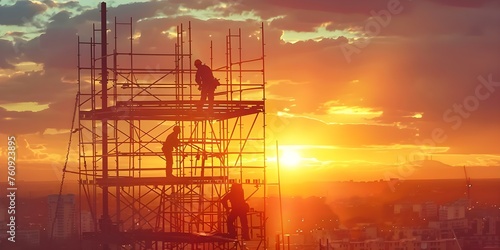 Construction crew silhouetted on scaffolding working on high-rise building at sunset. Concept Construction, Crew, Silhouettes, Scaffolding, High-rise, Building, Sunset