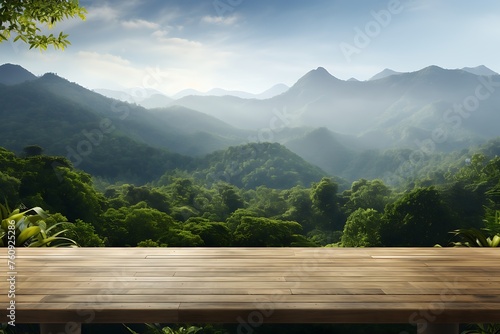 Wooden table top with nature green mountain background. product display template