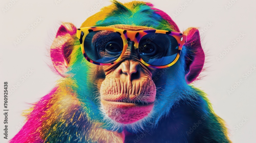 Cartoon colorful monkey with sunglasses on white background