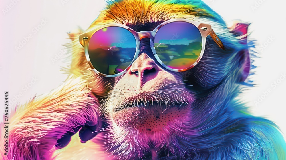 Cartoon colorful monkey with sunglasses on white background - obrazy, fototapety, plakaty 