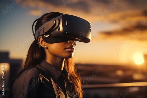 Young woman wearing virtual reality goggles on dark background © Creative
