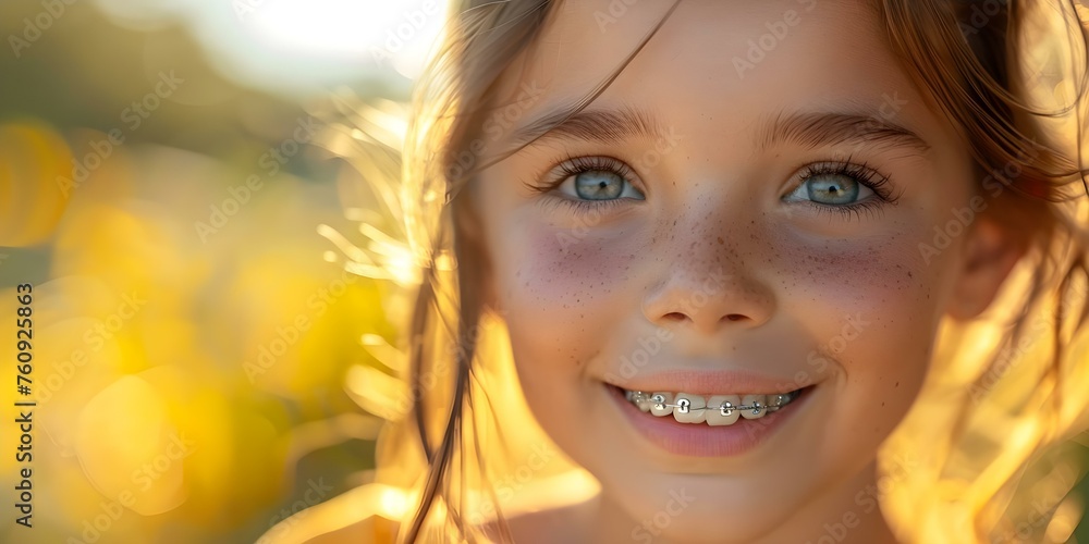 Fototapeta premium A cheerful child wearing dental braces smiles brightly in a closeup shot . Concept Dental Braces, Child Portraits, Close-Up Shot, Cheerful Smile, Bright Expression