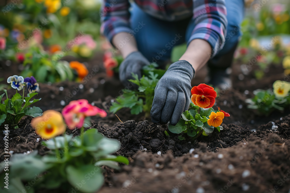 Fototapeta premium Woman Working in Garden With Flowers