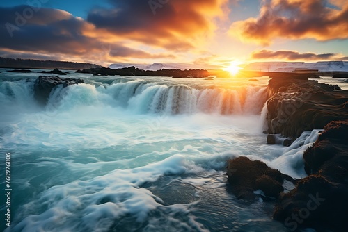 Icelandic winter landscape. Dramatic sunset over Gullfoss waterfall.