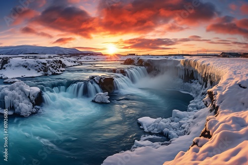 Icelandic winter landscape. Dramatic sunset over Gullfoss waterfall.