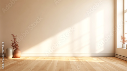 Painted empty beige wall background with copy space for text, on wooden floor two decorative vases, serene and minimalist interior space is illuminated by natural light streaming through large window