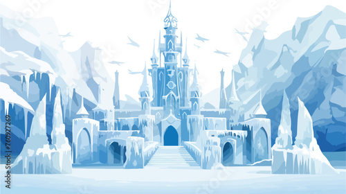 Enchanted ice castle with shimmering icicles and sn