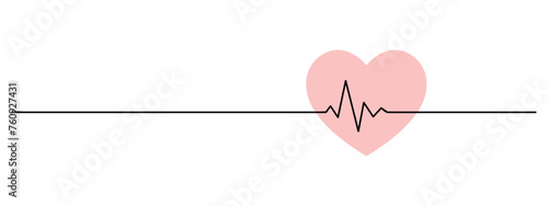 heart pulse one line art, heartbeat, cardiogram lineart, black line vector illustration, editable stroke, horizontal design element