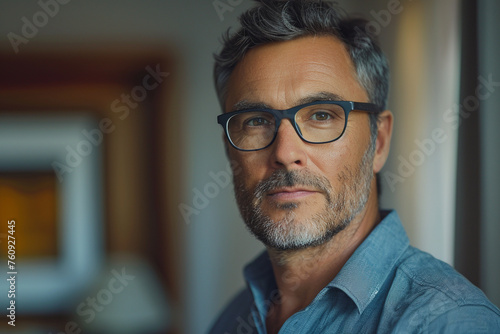 Portrait of handsome mature man with eyeglasses looking at camera