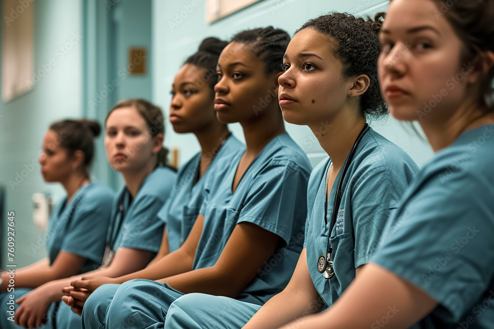 A group of women in blue scrubs are sitting in a row. They are all wearing stethoscopes A group of women in blue scrubs are sitting in a row. They are all wearing stethoscopes