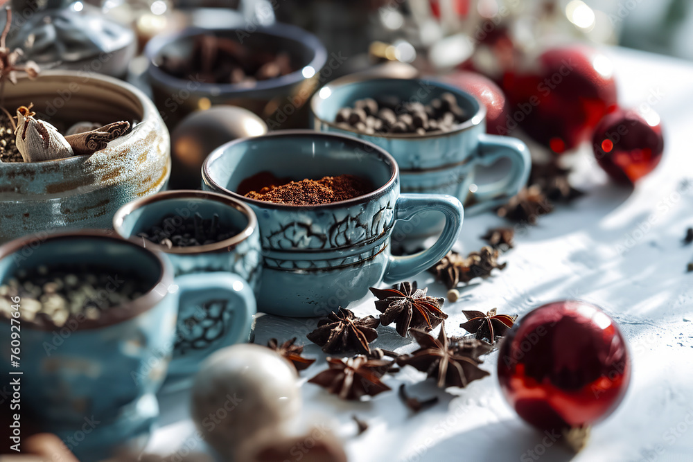 Fototapeta premium various spices in decorative bowls with Christmas ornaments, creating a festive, aromatic atmosphere