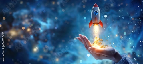 Cosmic Exploration Space Rocket Launching from woman Hand, Startup concept. Businessman successfully developing new business