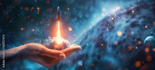 Cosmic Exploration Space Rocket Launching from woman Hand, Startup concept. Businessman successfully developing new business photo