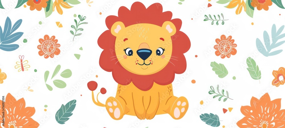 Obraz premium cute little lion, cartoon pattern for children's clothes, decorative elements scattered around the lion