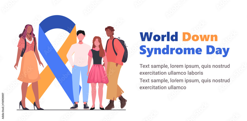 March 21 is World Down Syndrome Day. A group of boys and girls stands near a yellow blue ribbon. Down Syndrome Awareness vector illustration. 
