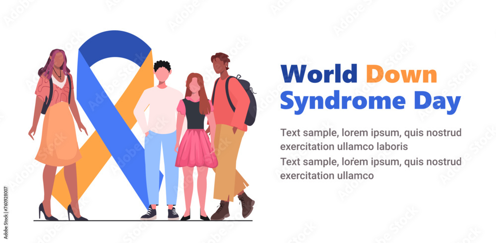 March 21 is World Down Syndrome Day. A group of boys and girls stands near a yellow blue ribbon. Down Syndrome Awareness vector illustration. March 21 is World Down Syndrome Day. A group of boys and girls stands near a yellow blue ribbon. Down Syndrome Awareness vector illustration.