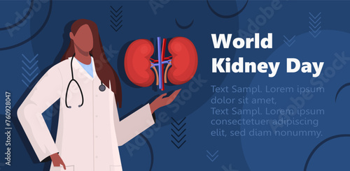 World Kidney Day. Female doctor in white medical uniform presenting a human Kidneys. Concept of treatment of kidney diseases, kidney transplantation or organ donation. Medicine, healthcare.