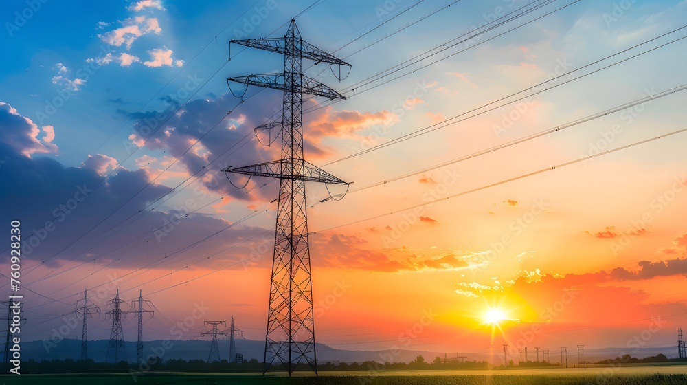 High voltage electric transmission tower. High voltage power lines on electric pylon against a sunset sky. Electrical infrastructure. Energy crisis. Electric power distribution. Energy distribution