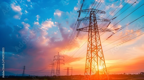 High voltage electric transmission tower. High voltage power lines on electric pylon against a sunset sky. Electrical infrastructure. Energy crisis. Electric power distribution. Energy distribution photo