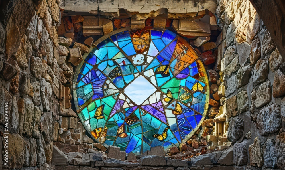 Obraz premium Geodesic stained glass window in blues, purples, greens and oranges of butterflies in the wall of a large ruined stone structure