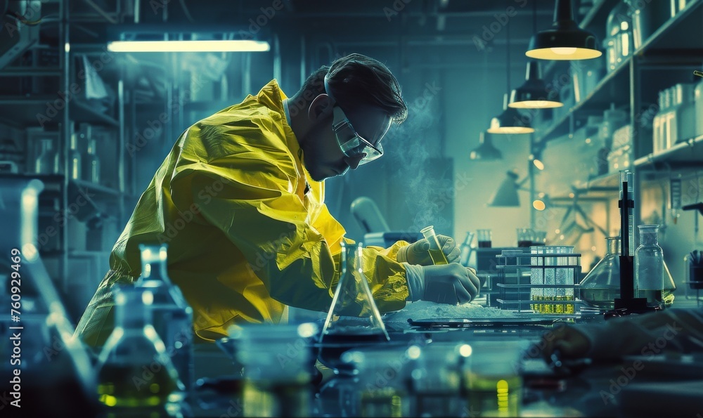 In an underground laboratory, a secret chemist prepares drugs. He wears a mask and overalls and works with goggles and pesticides. - obrazy, fototapety, plakaty 