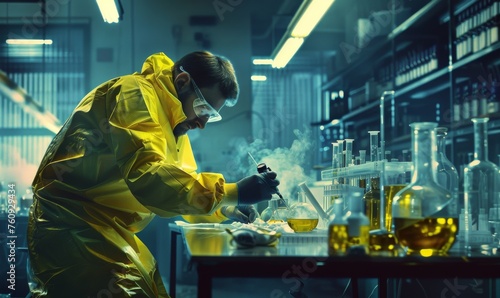 In an underground laboratory, a secret chemist prepares drugs. He wears a mask and overalls and works with goggles and pesticides.