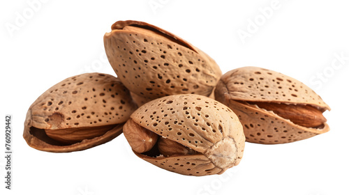 Almond nuts in shells, kernels isolated on white
