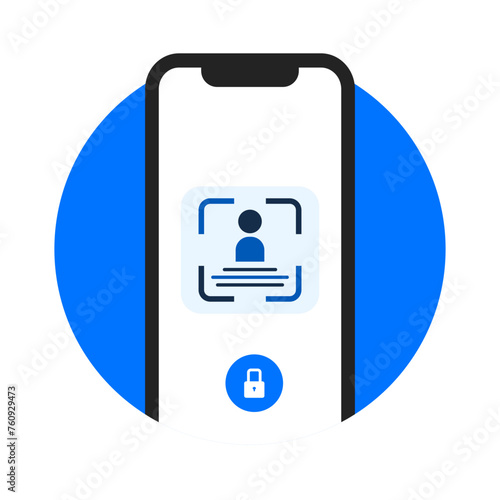 KYC vector icon with mobile. KYC customer data digital verification for UI design icon. Know your customer icon in blue colour with verification scan and security icon. SVG or PNG KYC label or sticker
