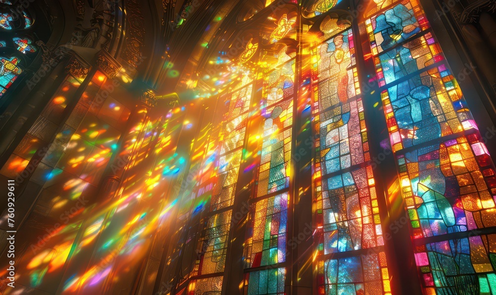 Colored rays falling through stained glass windows. Geodesic stained glass window in blues, purples, greens and oranges. Colored rays falling through stained glass windows. Geodesic stained glass window in blues, purples, greens and oranges.