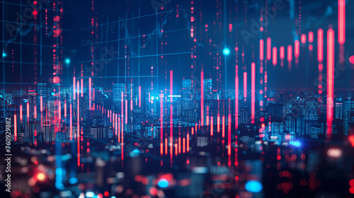 A 3D graph and charts projecting over a cityscape at night, representing market analysis and global business trends, with copy space