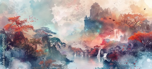 Japanese landscape in watercolor with a fairy garden, ink landscape painting created digitally