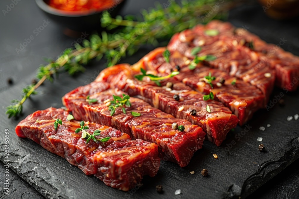 A gastronomic masterpiece: mouth-watering slices of beef on a black stone with an exotic sauce